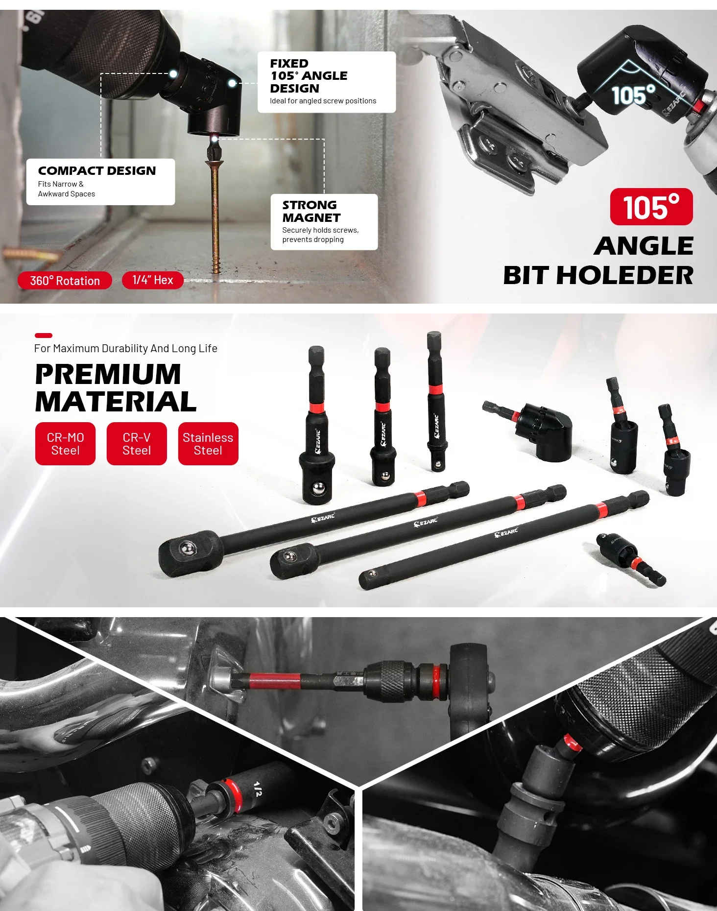 EZARC Schlagschrauber-Adapter-Set 14-teilig - 1/4" 3/8" 1/2" Vierkant-Adapter mit Schwenkverbindungen, Winkeladapter, Magnetischer Bit-Halter – Detail 2