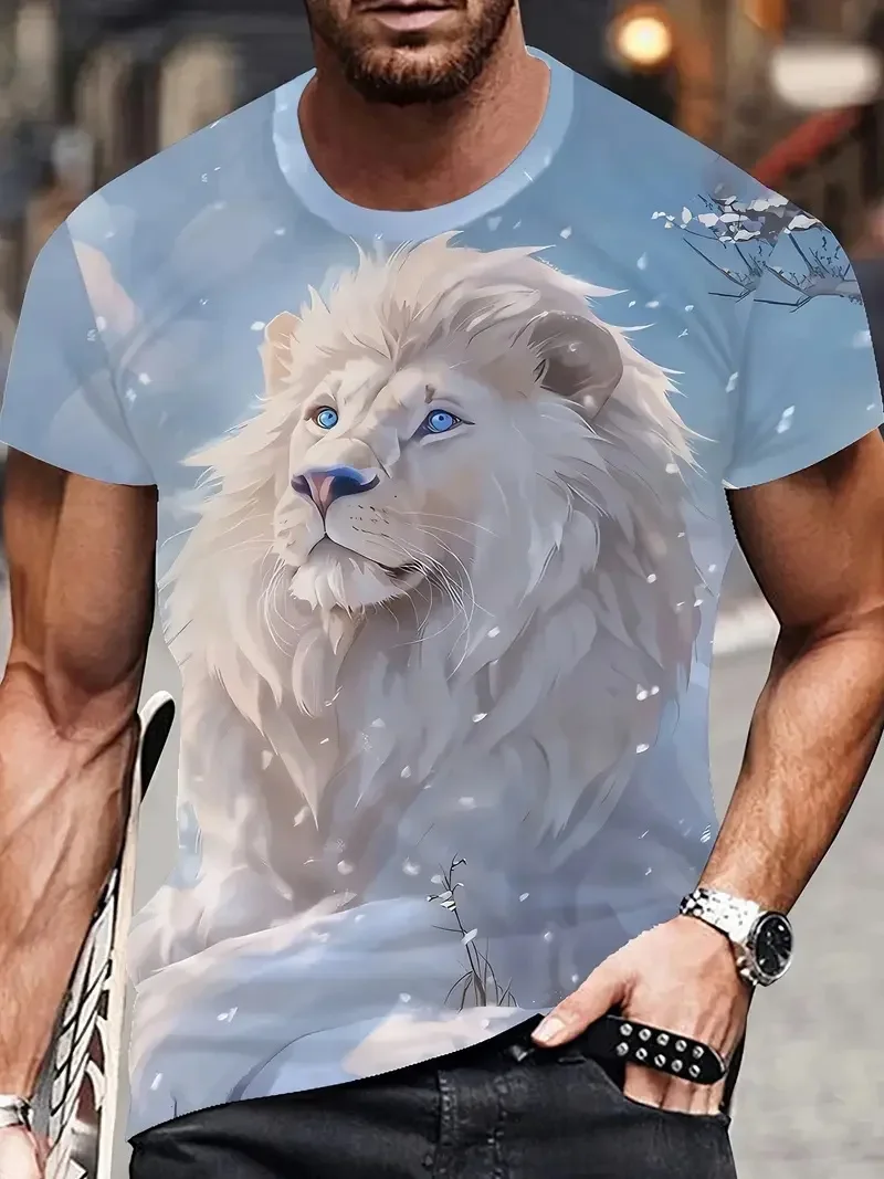 プラスサイズ 3D プリントメンズライオンプリント Tシャツ夏半袖ラウンドネック Tシャツメンズ新動物ライオン柄 Tシャツトップ