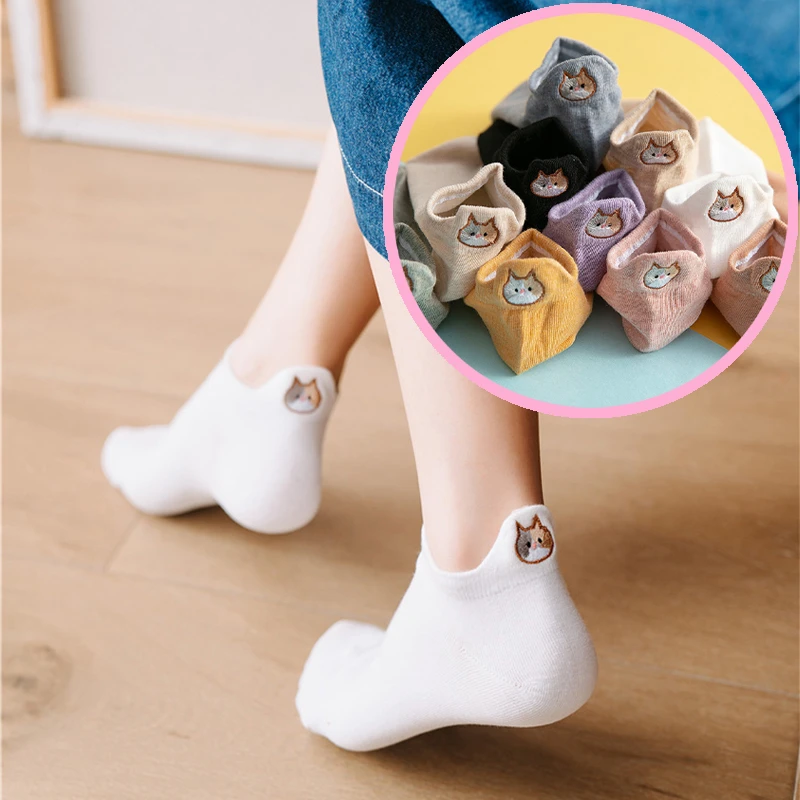 

4 Pair Women Funny Short Socks Harajuku Cute Cat Embroidery Spring Summer Socks Cotton Candy Color Ankle Kawaii Casual Socks