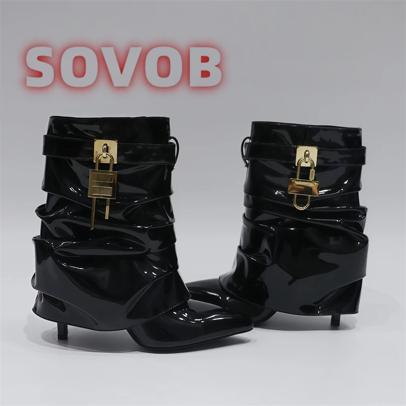 Goolita Lock Fold Over Boots For Women, Pointed Toe Stiletto Heel Slouchy Boots Leather Slip On Wide Calf Ankle Boots,35-43