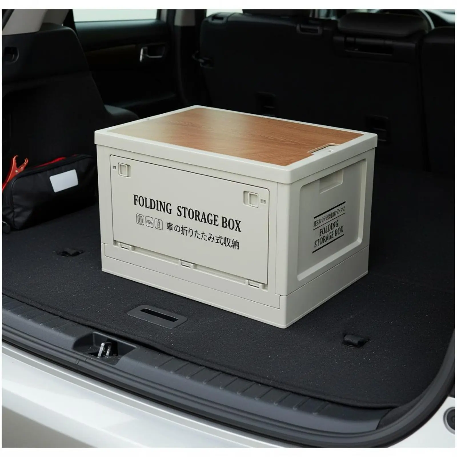 Plastic Storage Bin Wood Top Portable Foldable Storage Bin with Wood Lid Car Trunk Organizer Long-Lasting Material for Campers