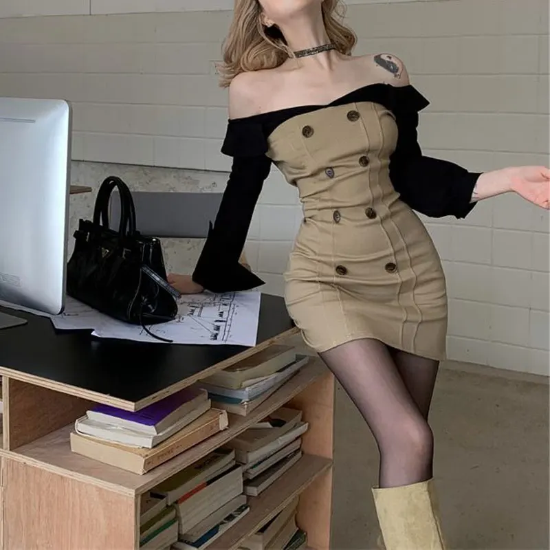 Vintage Hotsweet Off Shoulder Mini Dress Spring Autumn Fake Two Pieces Women's Clothing Fashion Patchwork Aura Bag Hip Dresses - Image 4