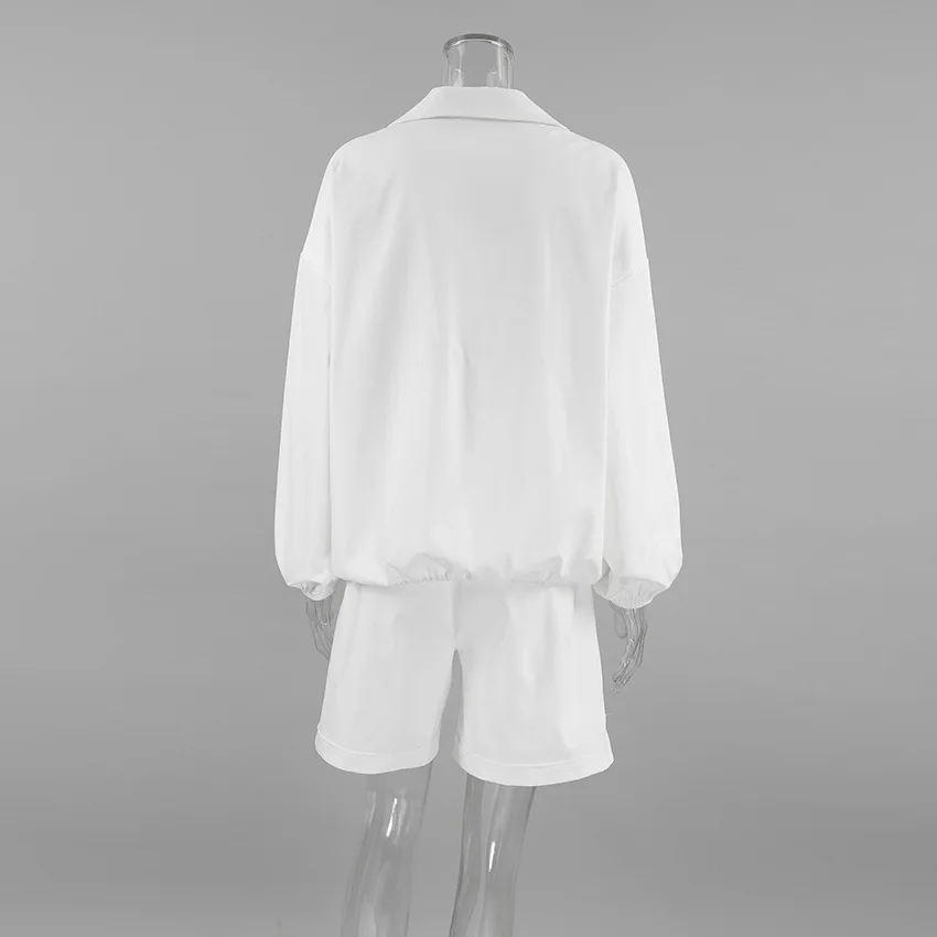 Wiosna Jesień Dwuczęściowe Zestawy Damskie Długi Rękaw Stójka Luźny Gruby Guzik Pullover Top + Wysoka Talia Casualowe Szorty Stroje
