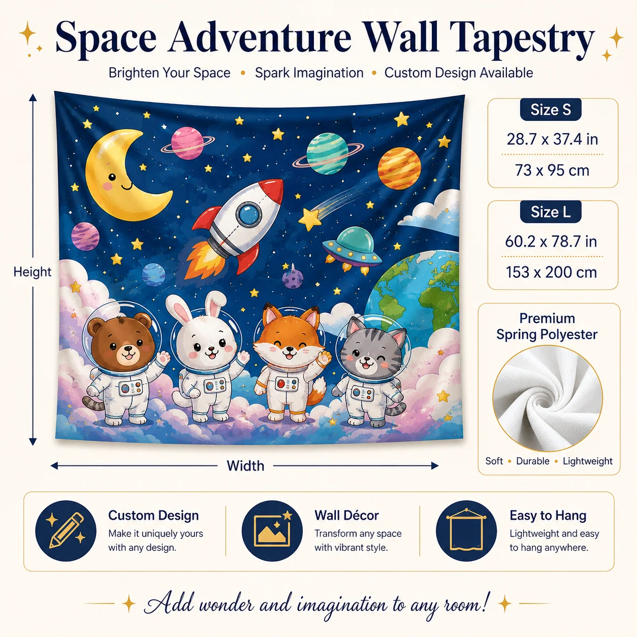 custom Blue space themed cartoon tapestry with galaxies planets and stars design perfect for living room bedroom or dorm decor