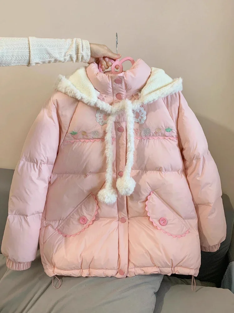 Preppy Style Winter Embroidery Warm Women Parka Harajuku Zippers Casual Rabbit's Ears Hooded Tops Y2k Aesthetic Pocket Pink Coat