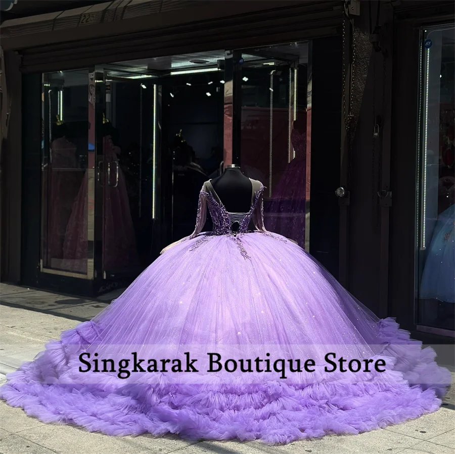 

Luxury Lavender Princess Quinceanera Dresses Tiered Ruffles Beads Birthday Party Long Sleeves Sweet 16 Dress Vestidos Customized