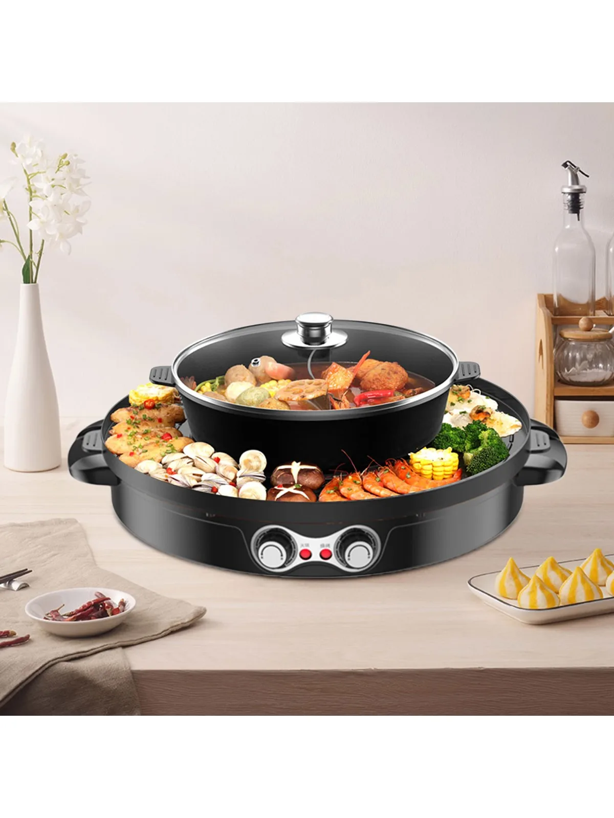 

2 in 1 Barbecue and Hot Pot with Detachable Stove Anti-sticking Coating Independent Temperature Control for 2-8 People (black)