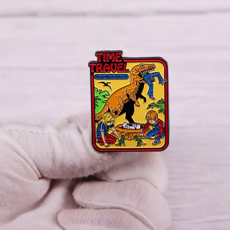 Time Travel for Beginners Enamel Lapel Pin Dinosaur Evil Art Badge Brooch Retro Comic Backpack Decoration Fashion Jewelry