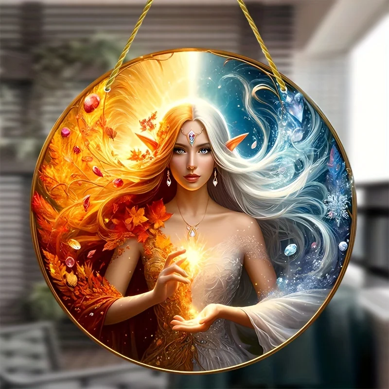 Seasonal Fusion Genie Sun Catcher - 6x6 Inch Round Acrylic Window Hanging with Stained Plastic, Perfect for Home and Porch Decor