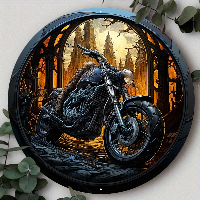 

Aluminum Metal Faux Stained Glass Motorcycle Wreath Sign, Metal Wreath Sign, Round Wreath Sign, For Various Scenarios