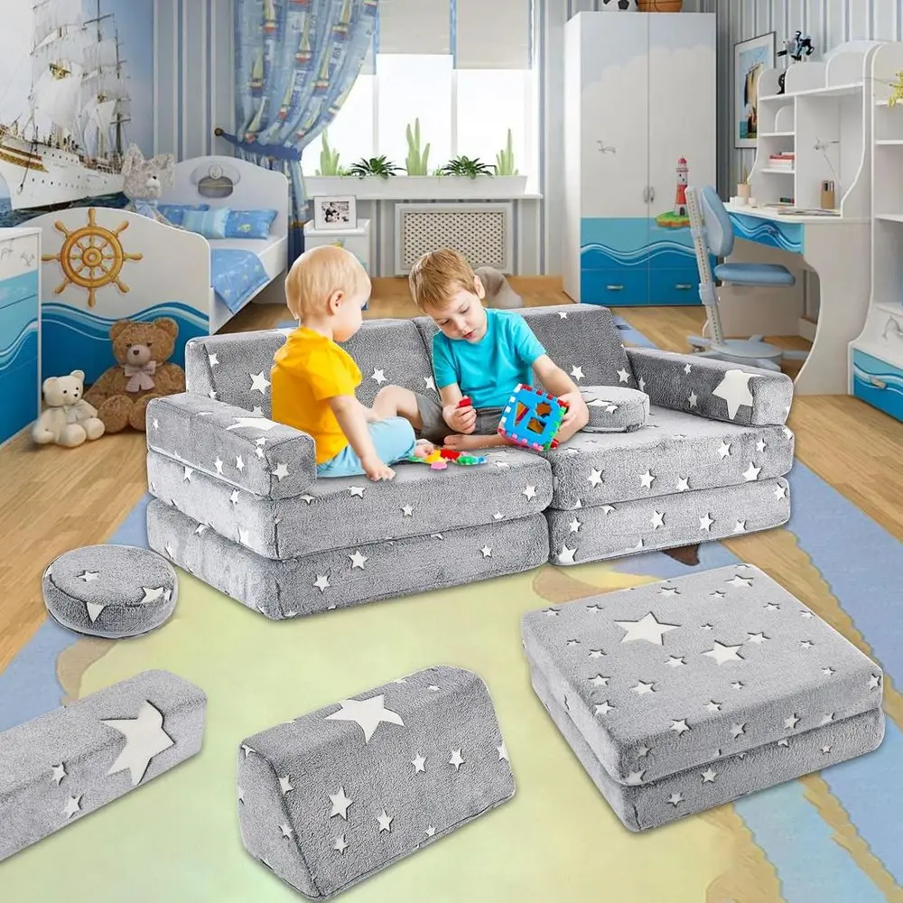 10-częściowy zestaw sof dla dzieci, kanapy w rozmiarze dla maluchów, konstrukcja modułowa do zabawy i odpoczynku w jaskrawych kolorach