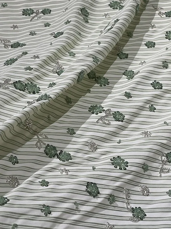 

Niche Designer Tailor Grass Green Casual Striped Shirt Cotton Floral Embroidery Beaded Embroidered Cloth