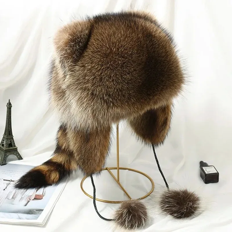 Trend Raccoon Fur Cap Tail Women Natural Raccoon Fur Caps Ushanka Hats for Winter Thick Warm Ears Fashion Bomber Pom Pom Hat New