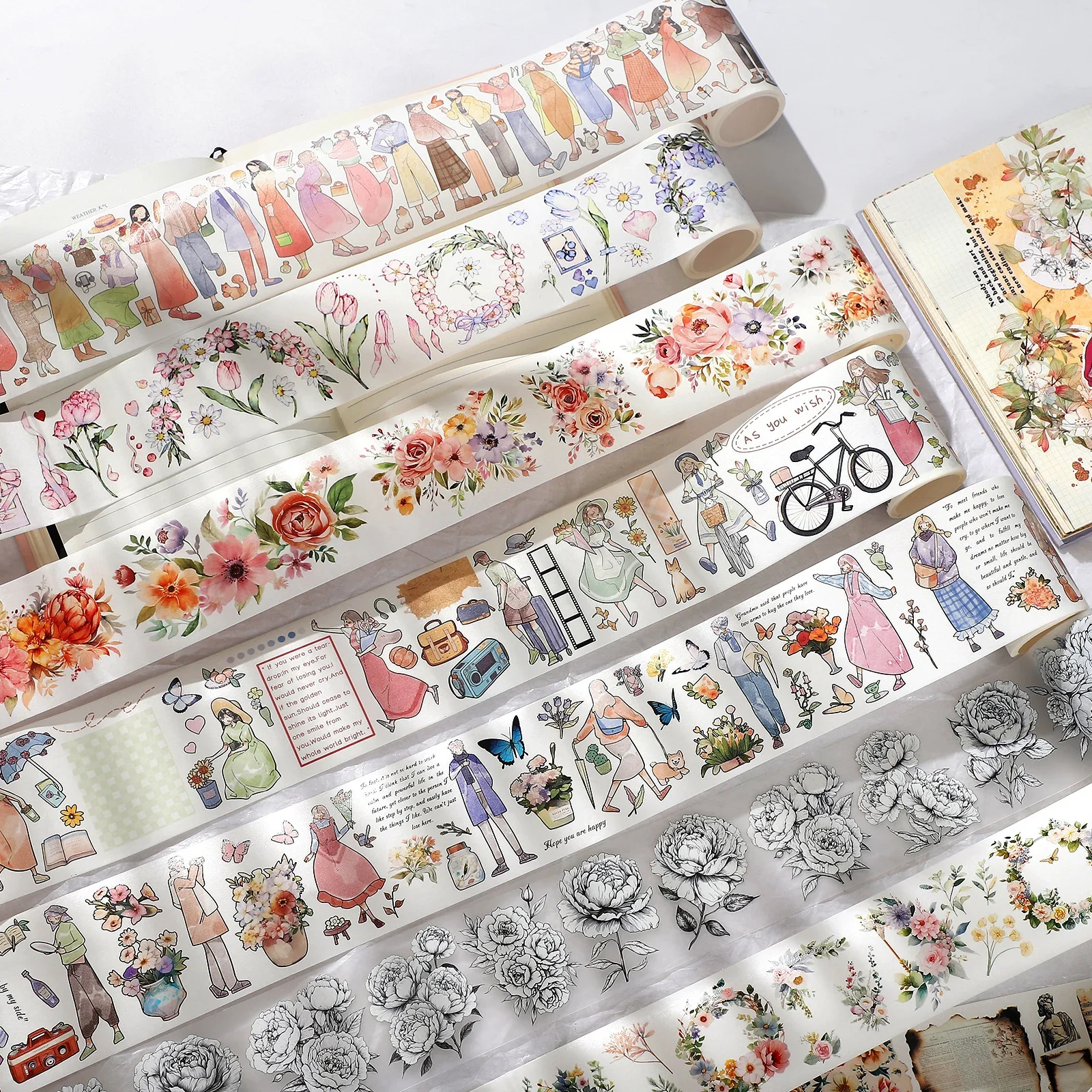 200cm/300cm/ Roll Literary Flower Character Landscape PET Washi Tape Creative DIY Journal Material Collage Decor Stationery