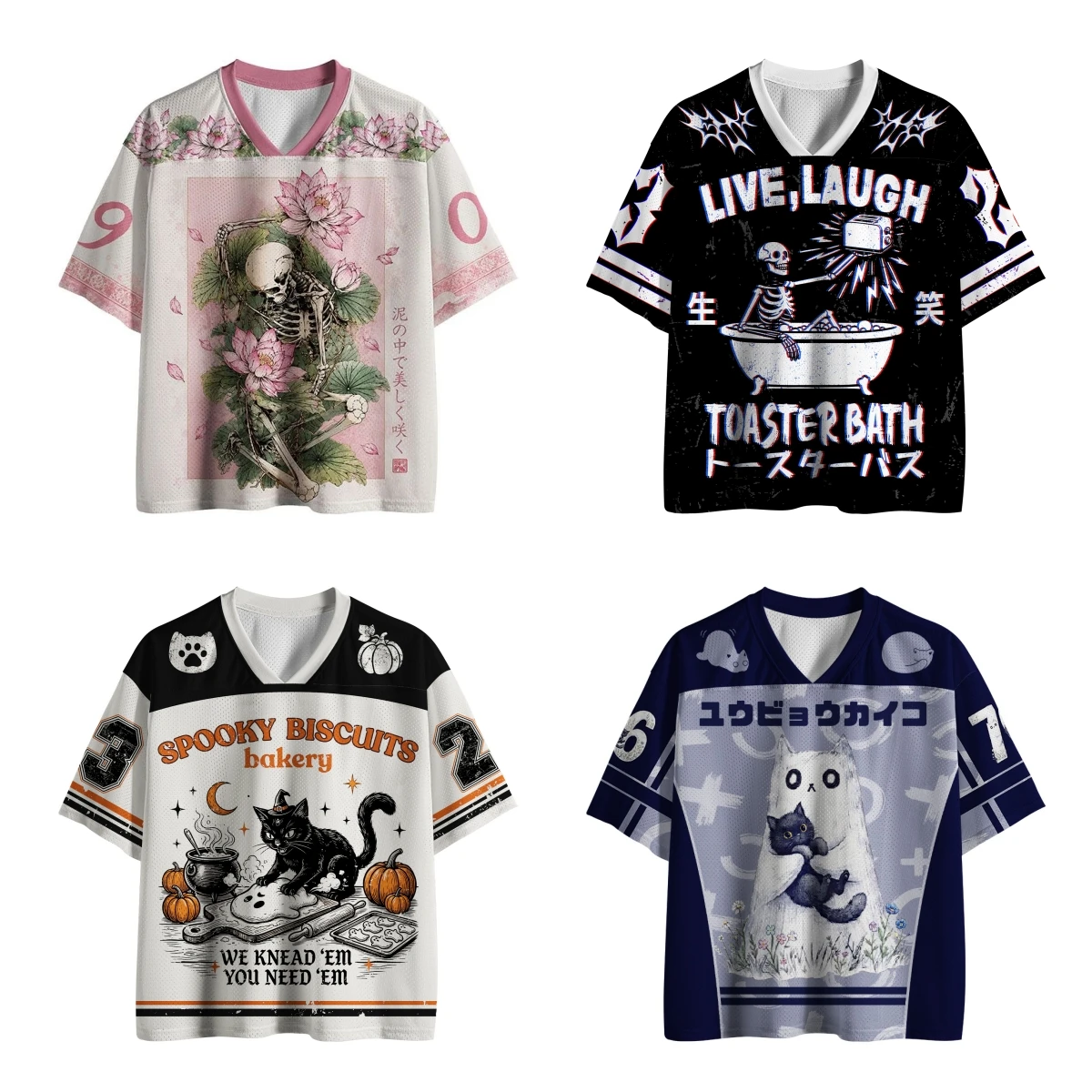 2026 Hotsale Spooky Cute Halloween Jersey Bundle, 4 Styles Lotus Skeleton Ghost Cat Bakery Black Cat Unisex V-Neck Sports Tee