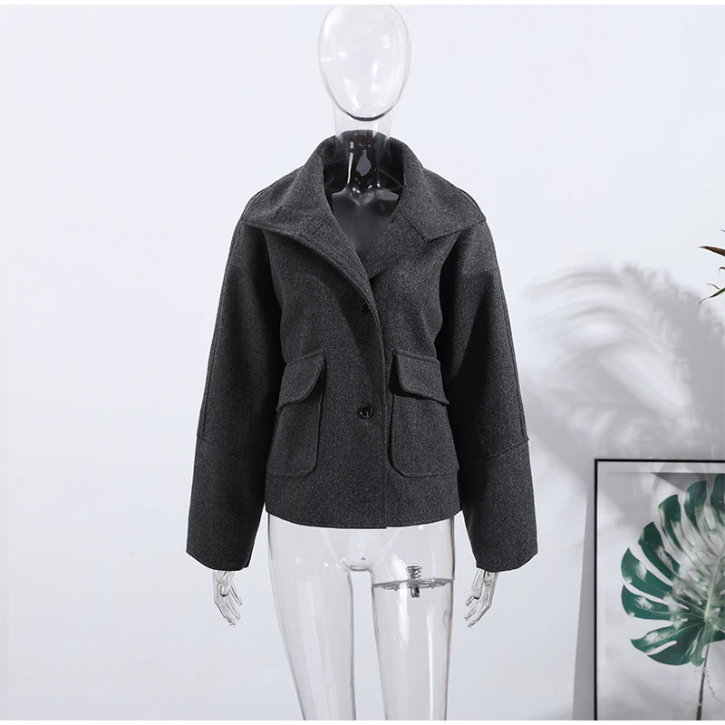 Vintage Damen Wollmantel mit Stehkragen, Einfarbig mit Taschen, Langarm Einreihige Jacke, Damenoberbekleidung Herbst Winter 2026 – Detail 6
