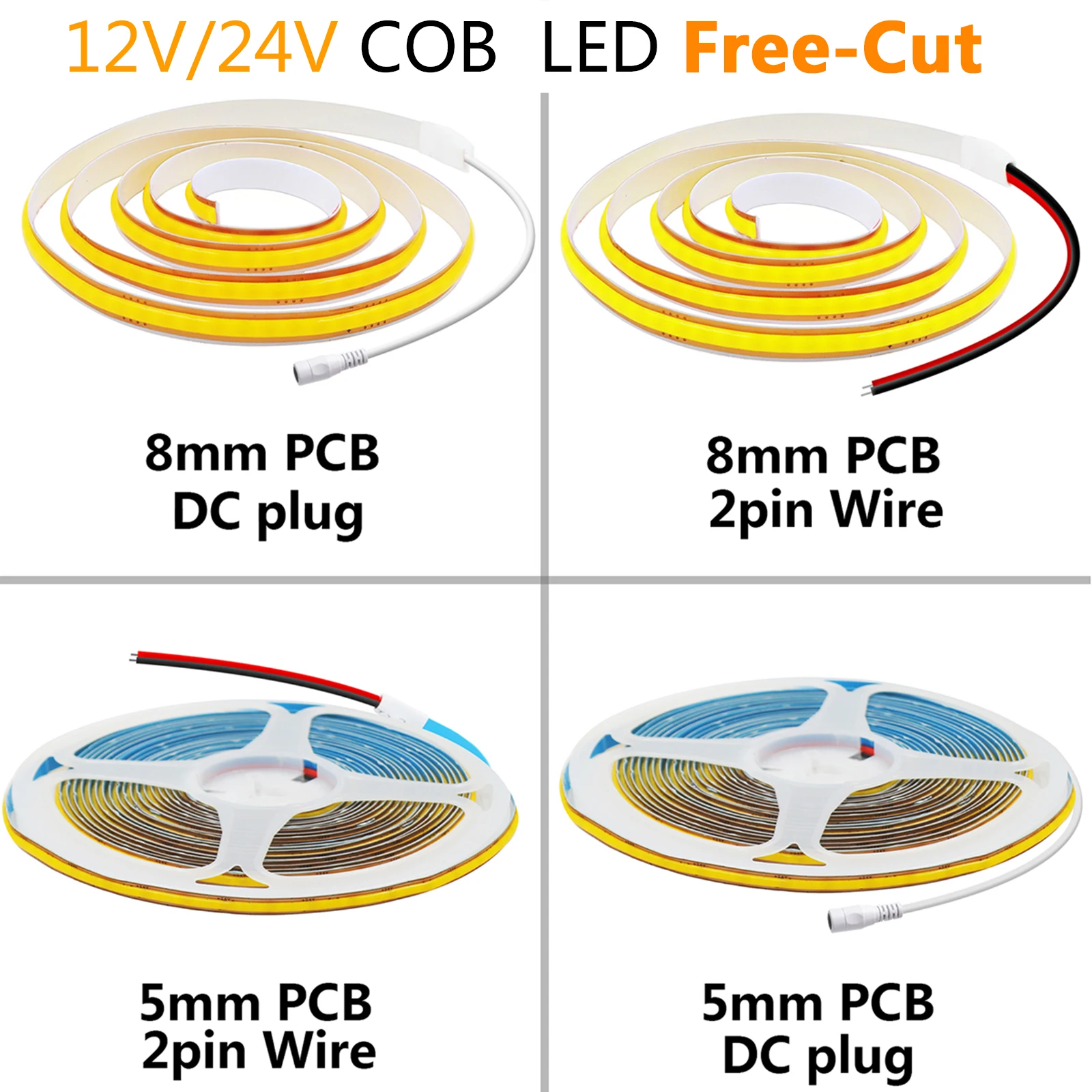 Lampu Strip LED COB PCB 5mm 8mm Dapat Dipotong 12V 24V Dengan Kabel 2PIN Colokan DC 400LED/m 3000k 4000k 6000k Lampu Fleksibel 0.5m 1m 5m 10m 20m