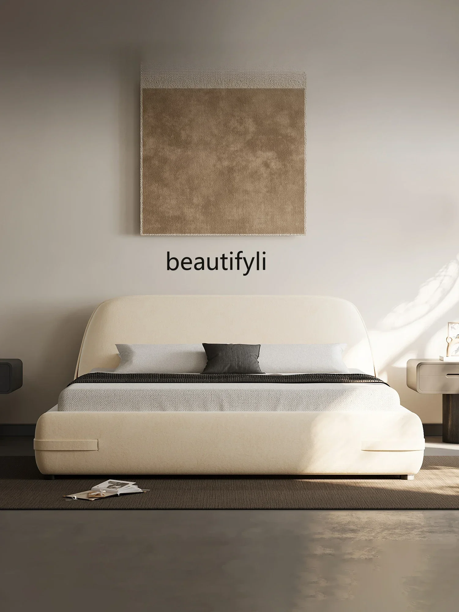 Q181  Italian Minimalist Double Bed Emery Fabric Bedroom and Household Designer Cream Style High-End Elegant Marriage Bed Tatami