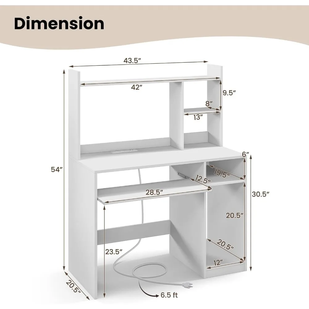 مكتب كمبيوتر ممتاز مزود بخزانة، مكتب مكتب منزلي مقاس 43.5 بوصة مع صينية لوحة مفاتيح ومحطة شحن، طاولة كمبيوتر محمول لمحطة العمل #3