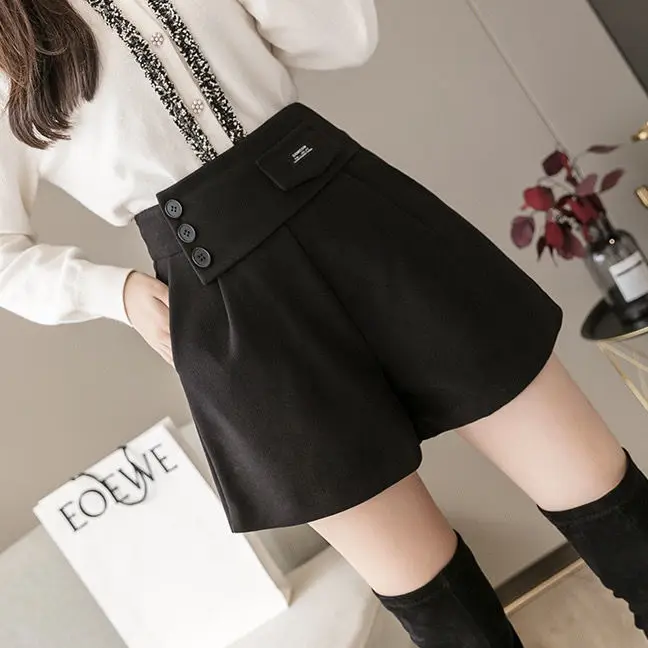 2024 Autumn Winter High Waist Versatile Loose Woolen A-line Wide Leg Shorts Solid Warm Korean Fashion Trend All-match Shorts M38