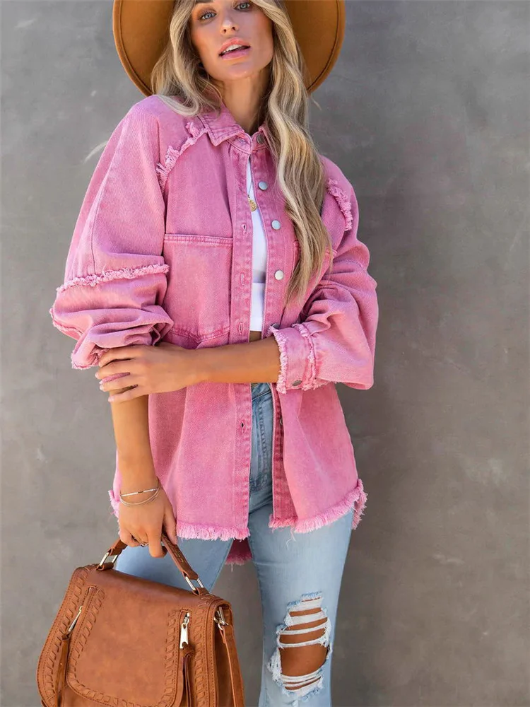 2022 Girls Sweet Pink Loose Shirt Jacket Woman Casual Soft Button Denim Shirts Ladies Chic Solid Pocket Jackets