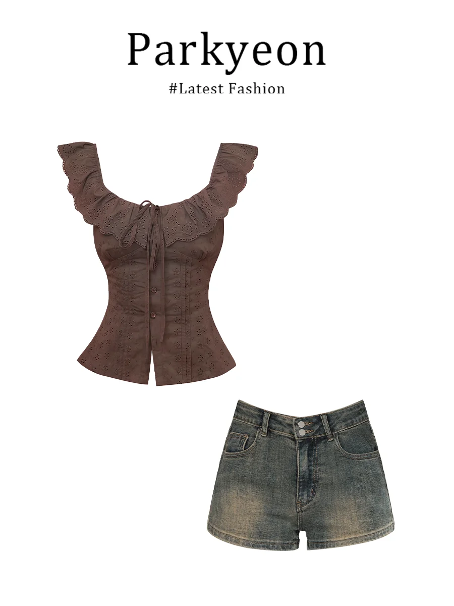

Parkyeon Retro Ruffle High Waist Slimming Top Women's Summer Fashionable Denim Shorts Set Casual Loose Fit round Neck T-Shirt