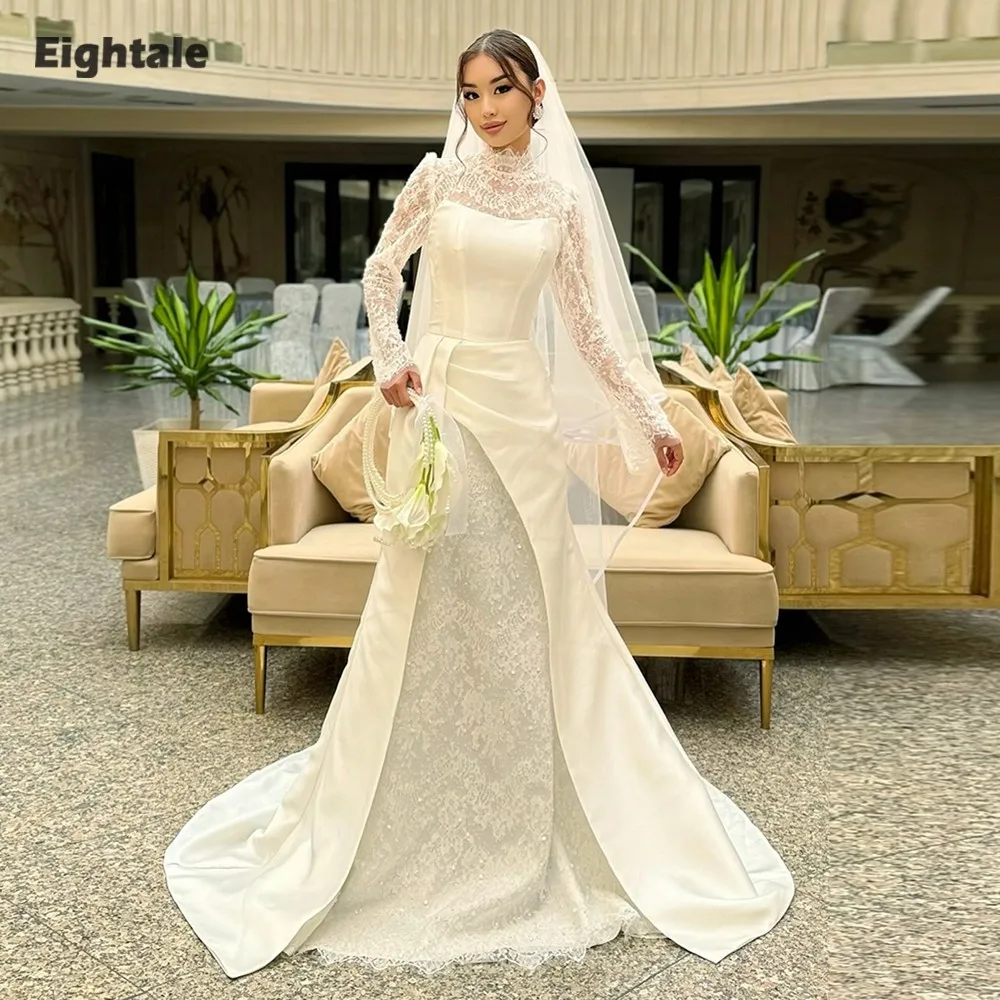فستان زفاف عربي Eightale برقبة عالية دانتيل مخصص من الساتان بأكمام طويلة فستان زفاف إسلامي حورية البحر فستان حفلات العروس #1