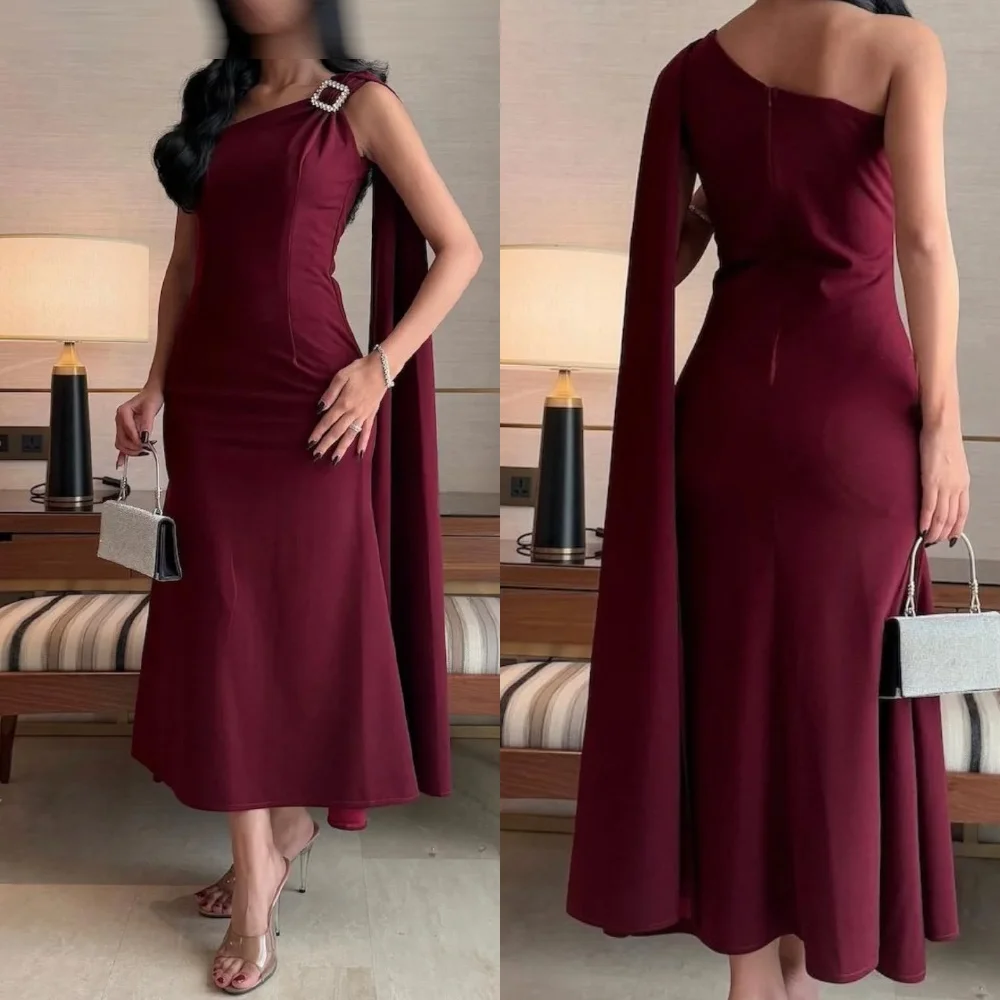 Customized Delicate Burgundy Jersey Evening Dress High Quality Boat Neck One Shoulder Sleeveless Zipper Back Cocktail Dress