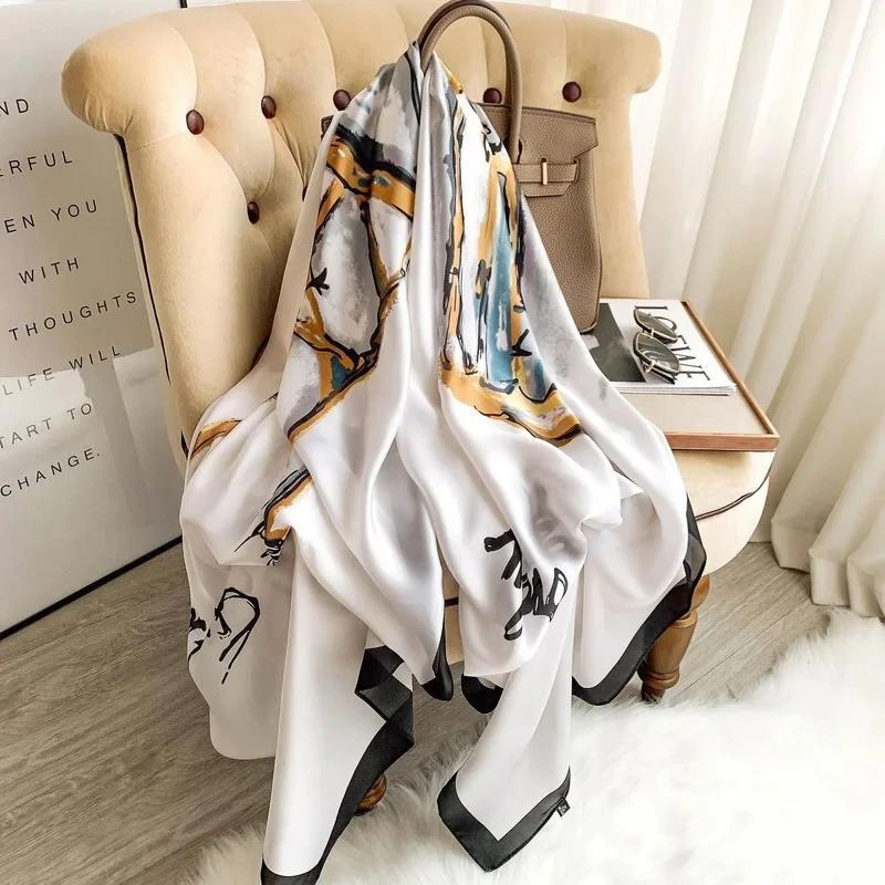 2024 Silk Scarves Women Luxury Brand Hijab Scarf Floral Foulard Femme Shawls Wraps Silk Bandana Head Scarf Hijab Beach Poncho