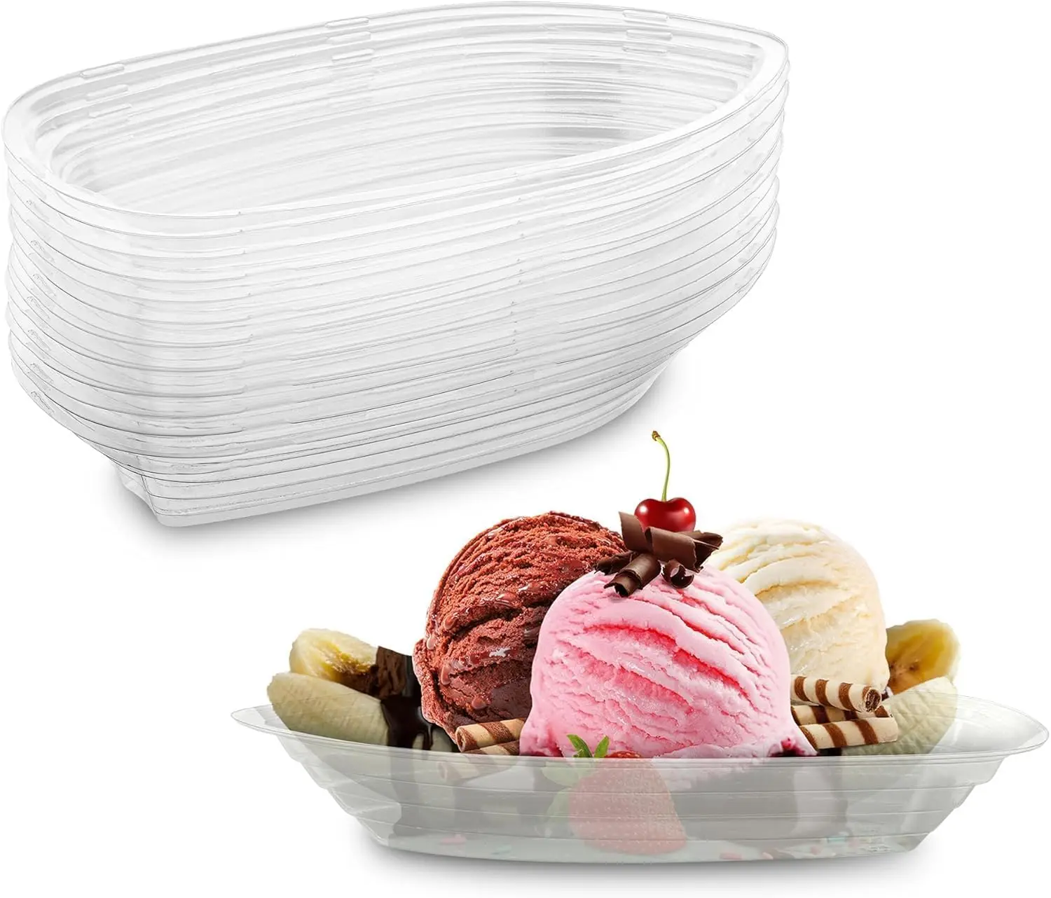 

Clear Plastic Banana Split Boats 8 oz Disposable Party Dish 30 Pack