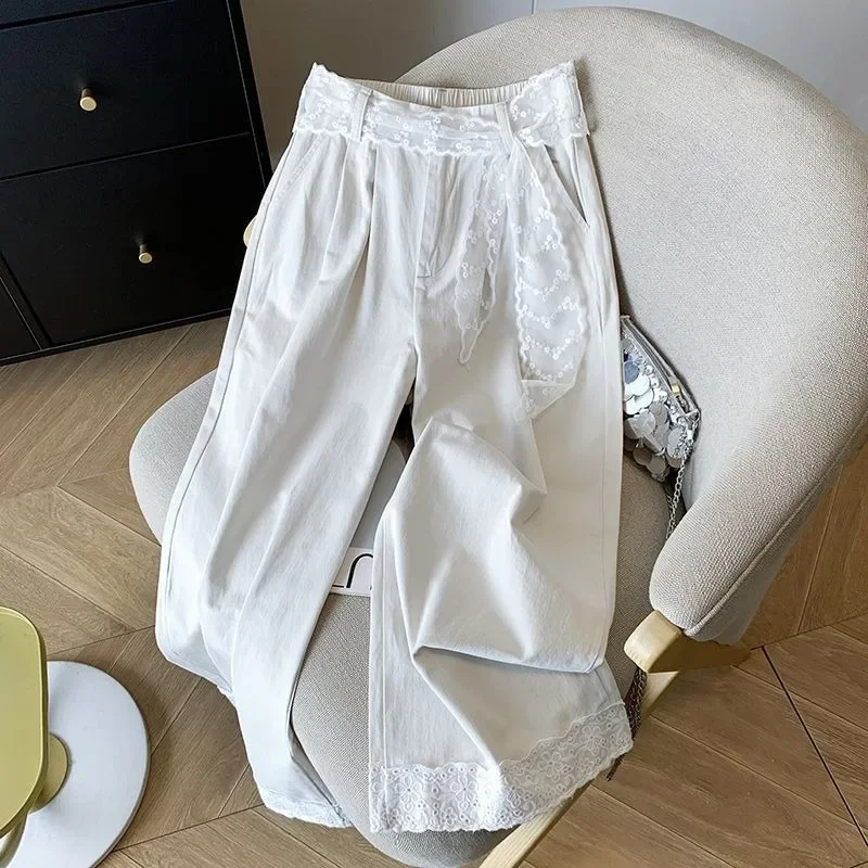 Pantaloni larghi da donna sottili 2025 nuovi piccoli pantaloni dritti pantaloni larghi casual a nove punti in pizzo azzurro