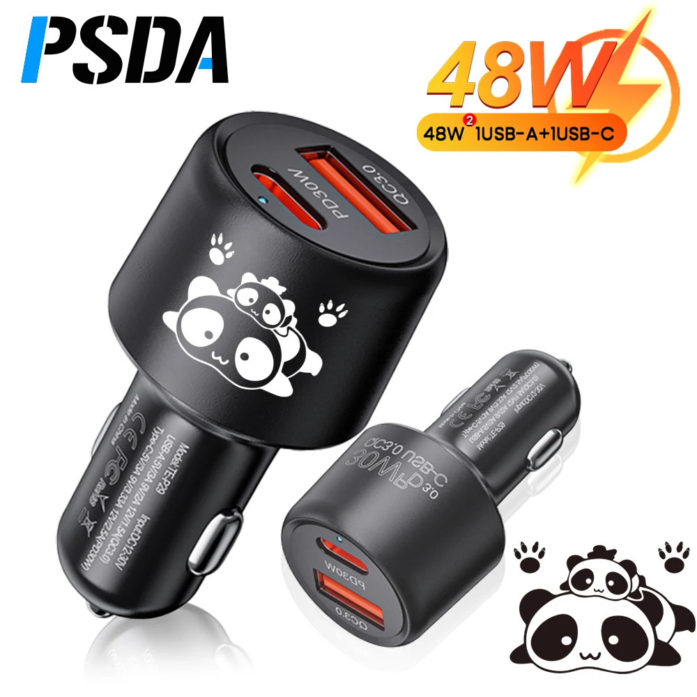 

PSDA 3D Panda 48W Dual USB Car Phone Charger USB Type C Fast Charging Car Adapter For Xiaomi Samsung Huawei iphone 15 14 QC3.0