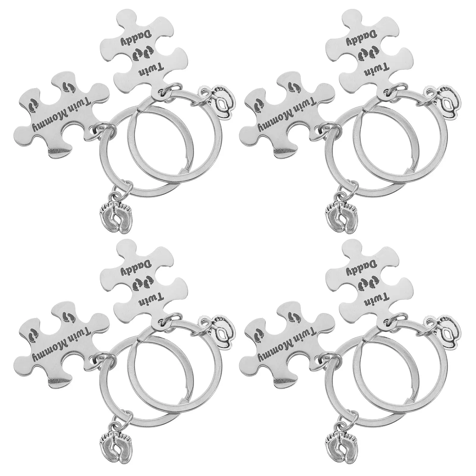 4Set Twin Parents Keychain Stainless Steel Puzzle Baby Footprint Matching Family Key Ring Gift Set Parenthood Memorial