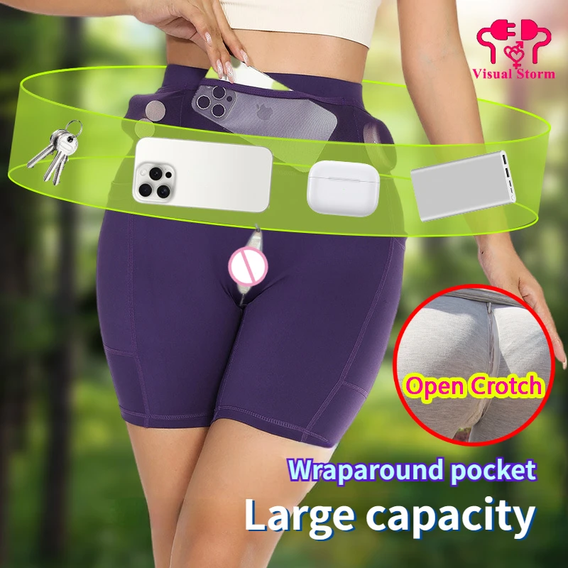 

Woman Yoga Open Crotch Leggings Pants Shorts Hidden Zippers Sporty Jogging Convenient Mini Pants Half-Length Push Up Clubwear