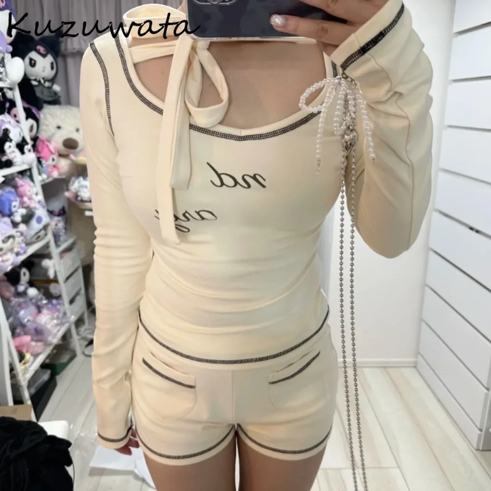

Kuzuwata Designed Personalized New Long Sleeve Tops High Waist Panelled Casual Shorts Japan Bow Office Lady Simple Trendy Pants