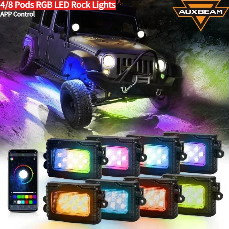 

AUXBEAM 4/8 шт. RGB светодиодные рок-подсветки APP Control автомобильный светильник для днища, подсвеченный атмосферный свет