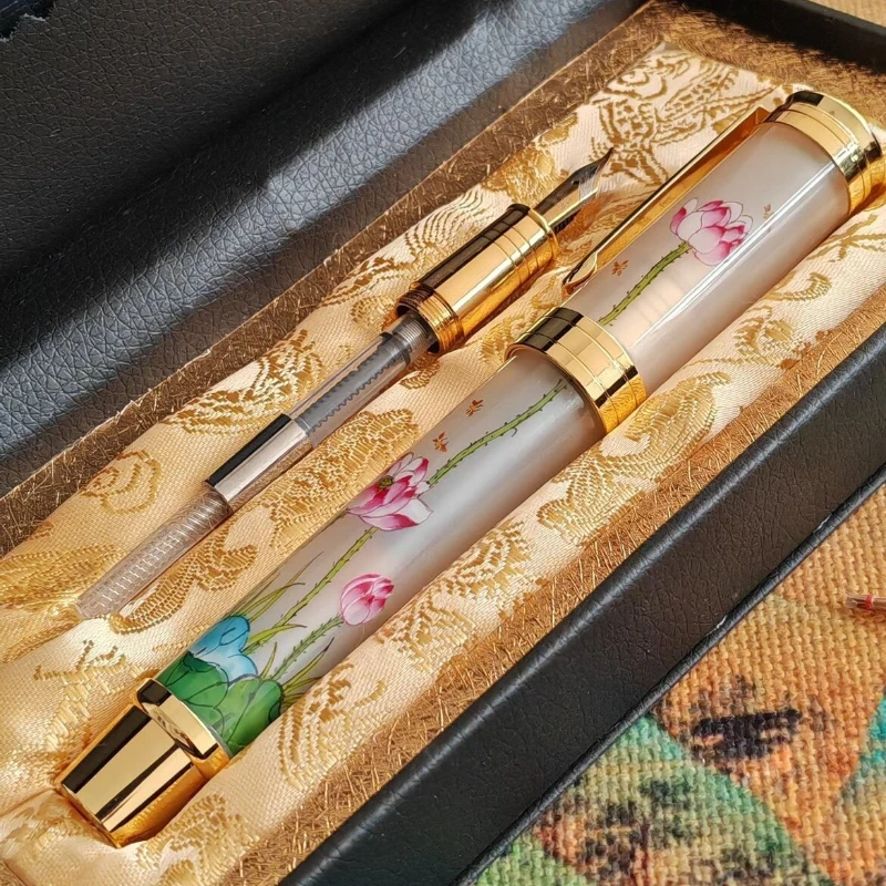 ACMECN Luxury Resin Fountain Pen Lotus Design Hand Drawn Cultural and Creative Palace Museum Graduation Gift Teacher's Day Gift