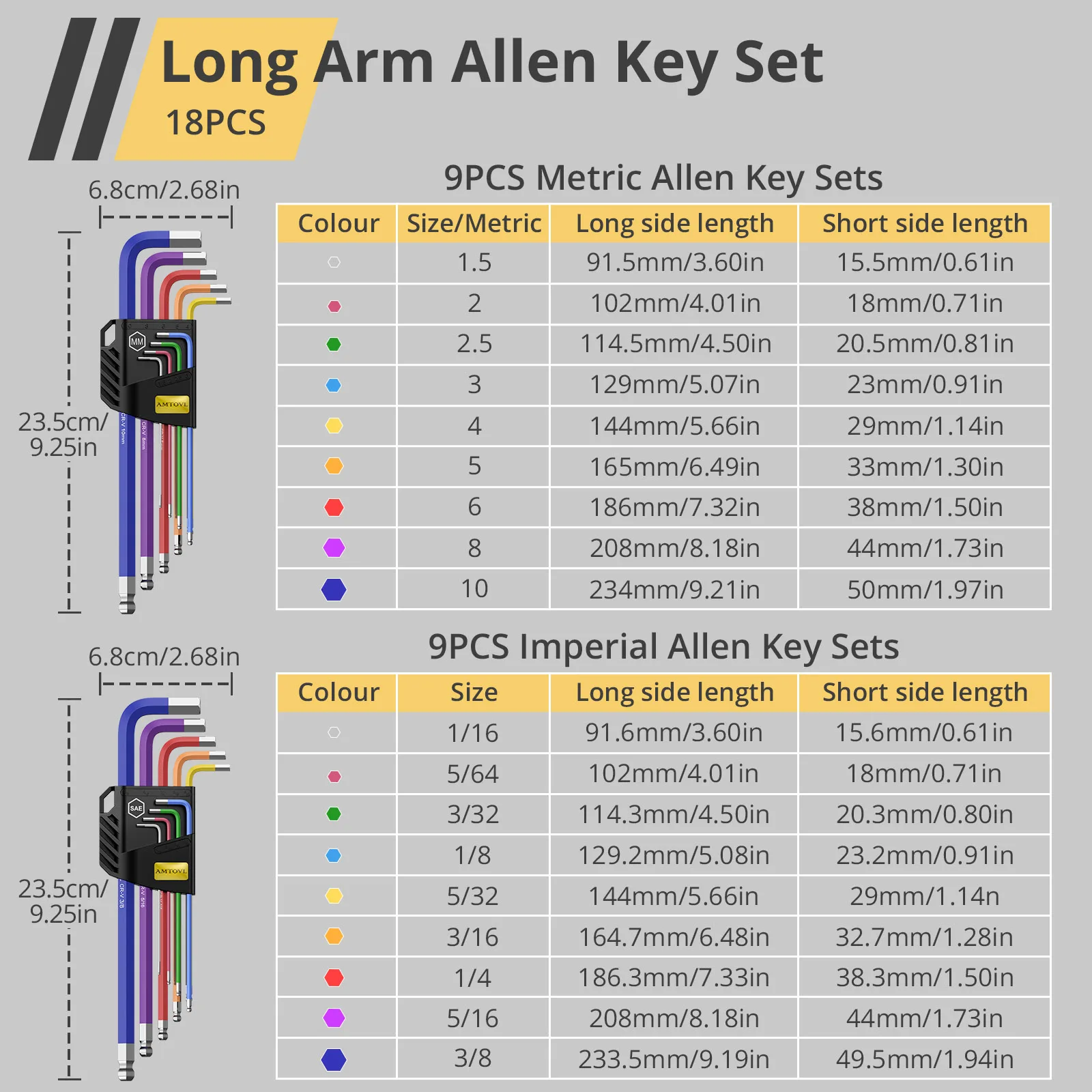 Hex Keys Coloured Set 18 Pieces SAE Metric Long Arm Ball End Hex Key Allen Wrench Set T-Handle Wrenches Set Tools