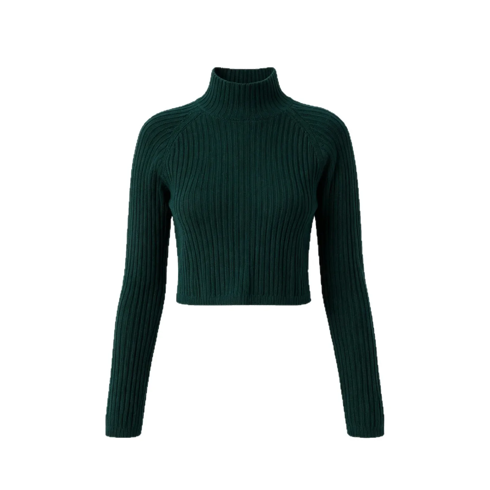 Elegant Women Knit 2 Piece Set Dark Green Turtleneck Crop Top With A-Line Mini Dress