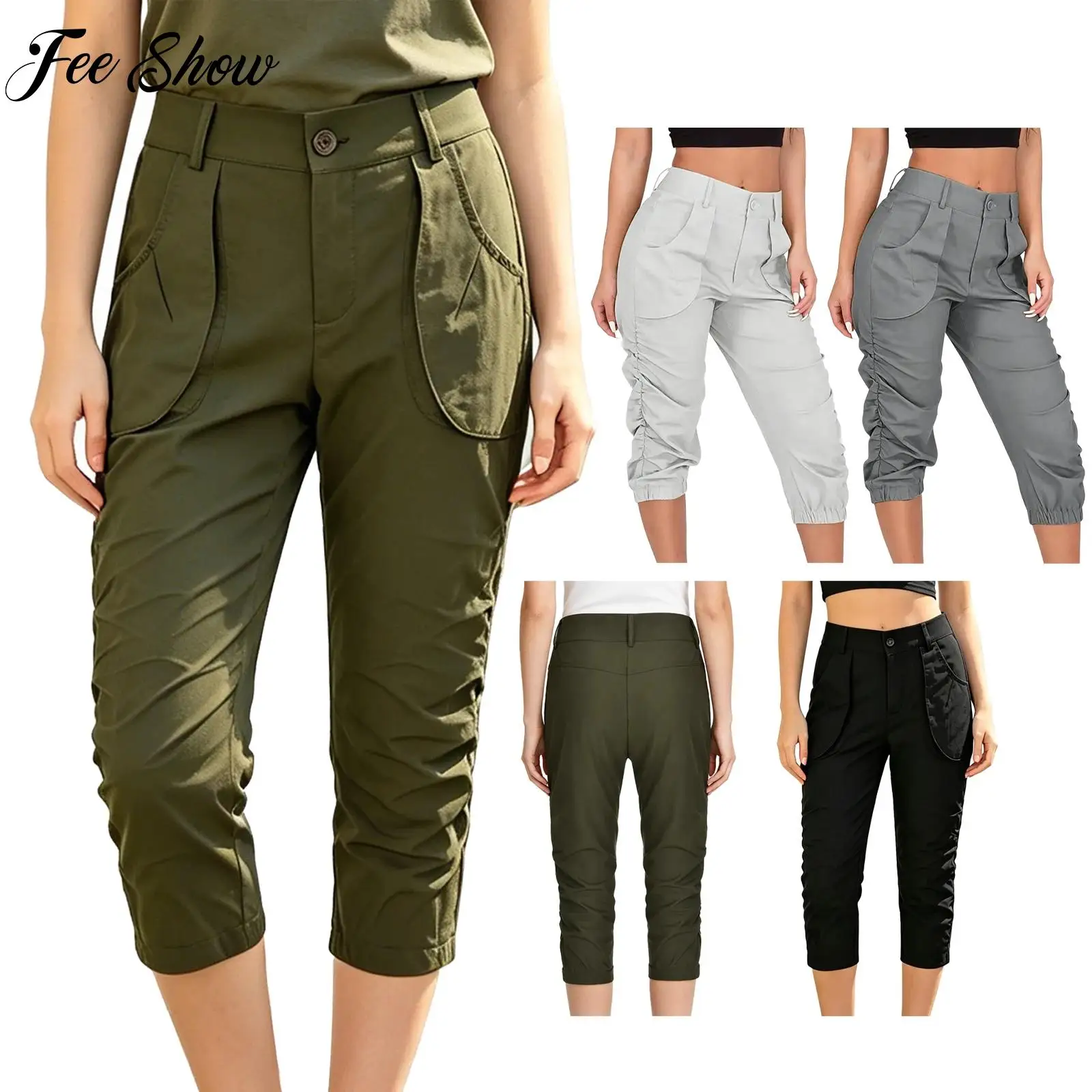 

Women Casual 3/4 Trousers Fashion Ruched Cropped Cargo Pants Casual Athletic Sweatpants with Pockets for Sports Outdoor
