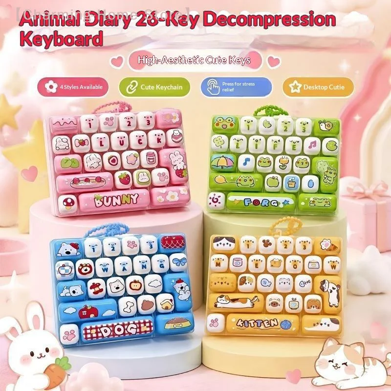 Cartoon Animal Diary 26 Grid Stress Relief Keyboard Keycap Keychain For Bags Backpacks Cars Teens Adults Couples Students Fun Gi