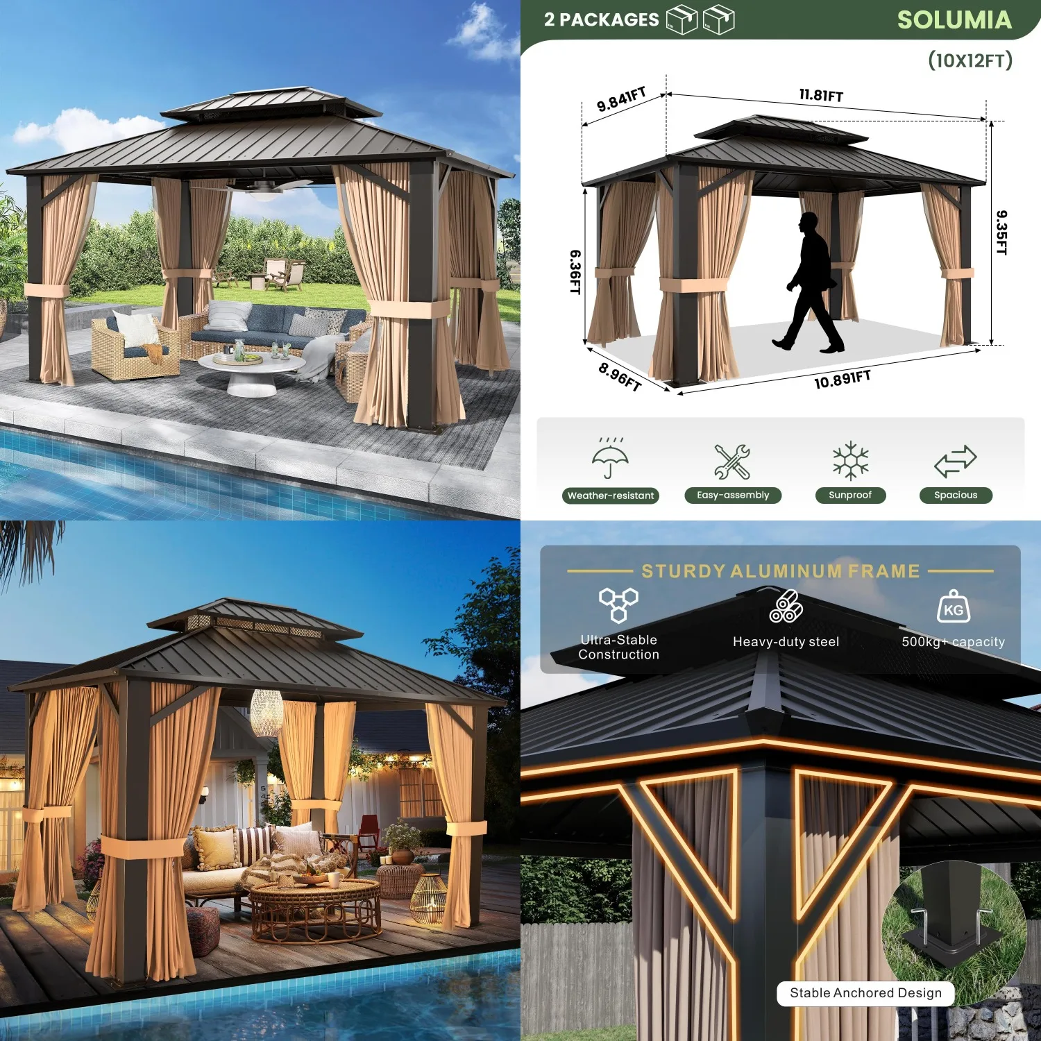 

Беседка с жесткой крышей 10'x12', двойной навес из оцинкованной стали с алюминиевым каркасом, уличный павильон с сетками, на заказ