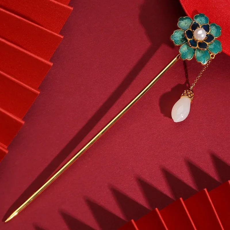 Enamel high-end pearl flowers fringed hairpins court-style natural Hetian jade hair jewelry tiara jewelry hanfu accessories