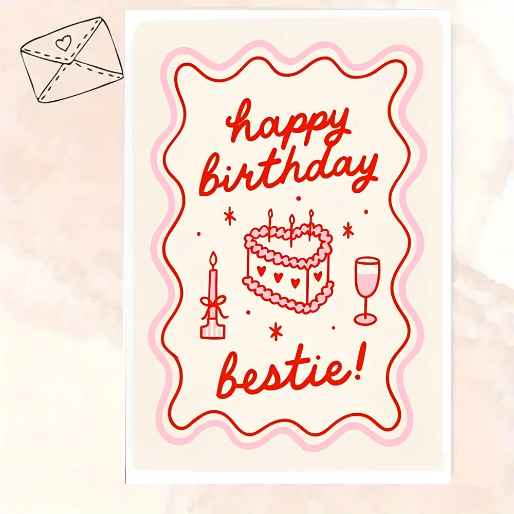 1 Satz lustige Herzkuchen-Geburtstagskarten – „Happy Birthday Bestie!“ | Süßes Frühlingsgeschenk für beste Freundin, Schwester | Verspielte Grußkarte