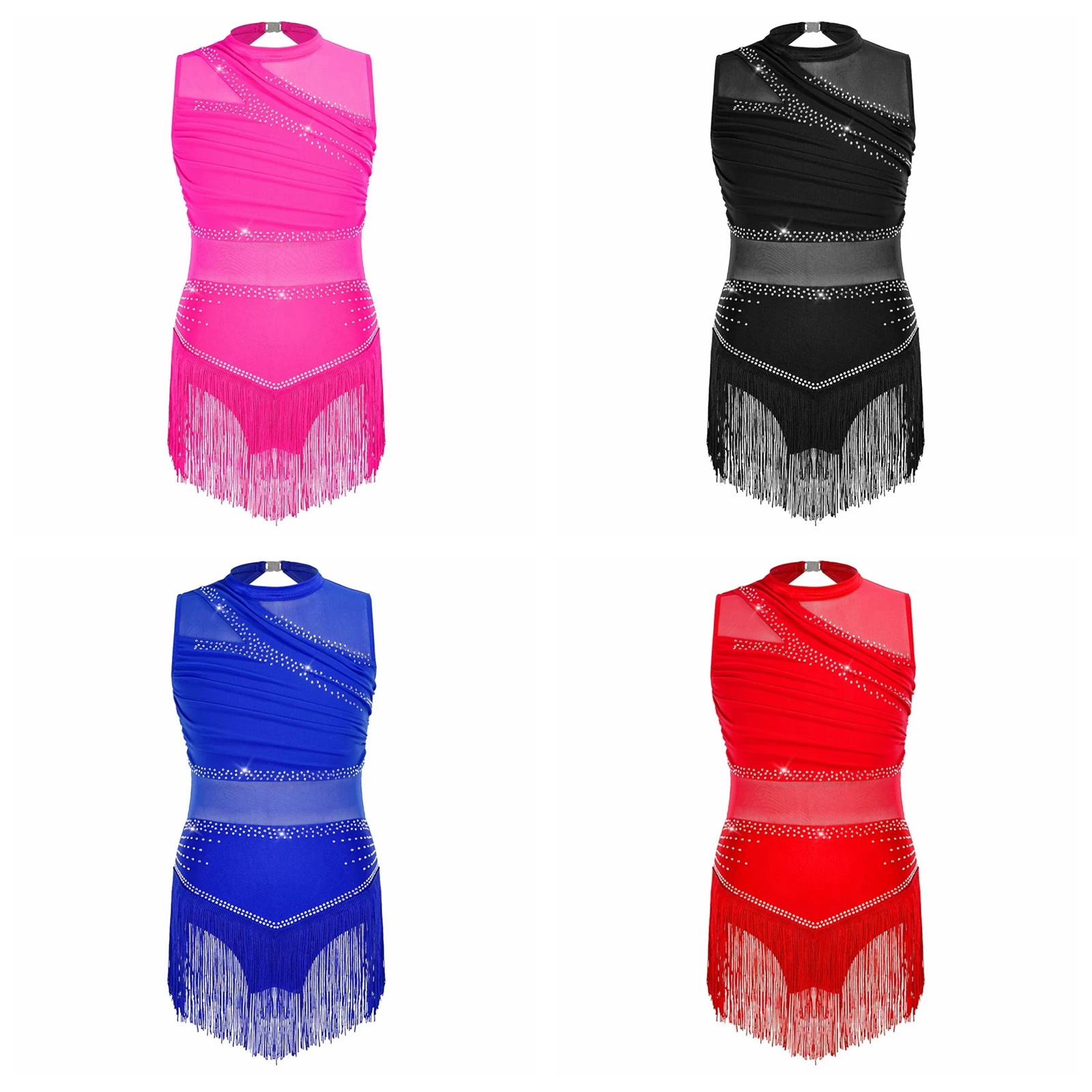 Girls Ballroom Cha-cha Latin Dance Dress Rumba Salsa Fringed Dancewear Sleeveless Cutout Shiny Rhinestones Tassel Dress