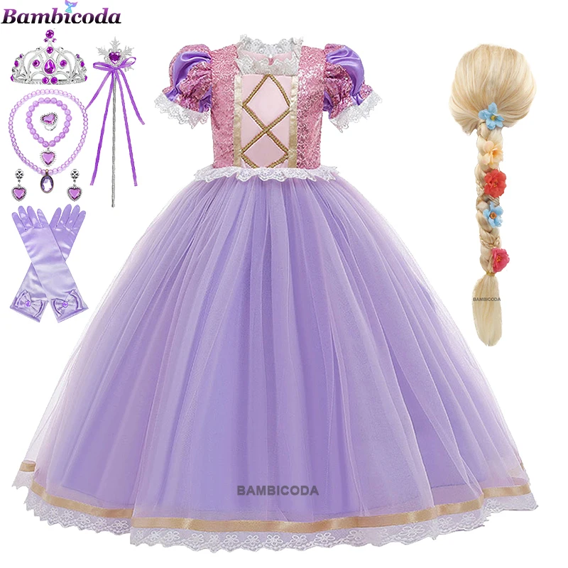 2023 Rapunzel Girl Princess Dress Children Party Cosplay Costume Purple Long Sleeve Mesh Fancy Clothes Halloween Baby Tutu Skirt