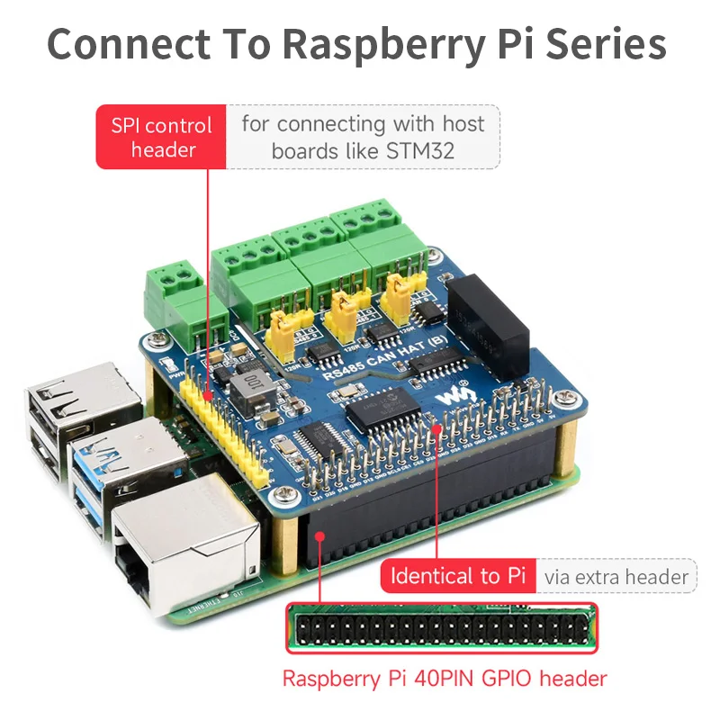 Raspberry Pi RS485 CAN HAT (B) 2-Ch RS485 1-Ch CAN Industrial Grade Isolation Protection for Raspberry Pi