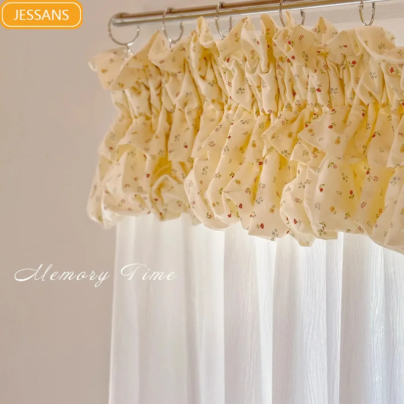 French Cream Small Flower Cake Pleated Curtain Splicing White Gauze Living Room Bedroom French Window Balcony Window Customized