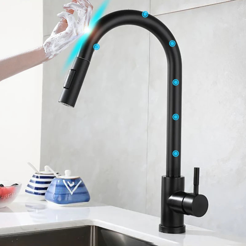 

Смесители Smart Touch на кухонных смесителях из нержавеющей стали 304, смеситель для горячей и холодной воды, черный сенсорный смеситель для кухонной мойки