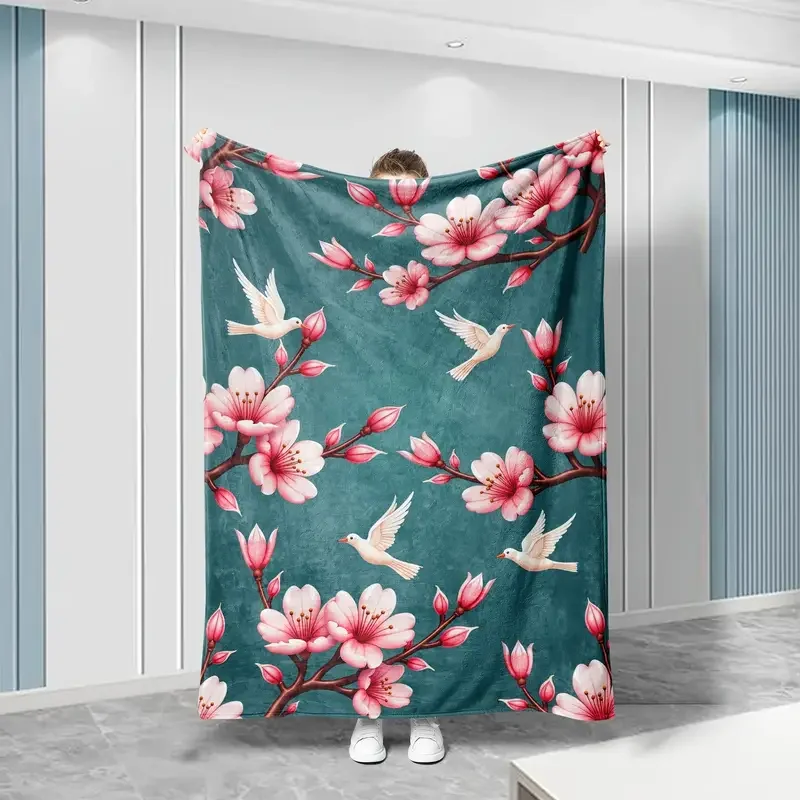 

One Piece Cozy Bird and Flower Theme Flannel Blanket - Suitable for Sofa, Travel, Bed, Camping, Office, Decoration, Comfort